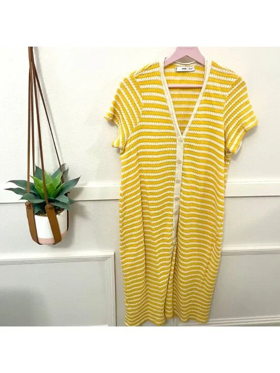 MNG Yellow Stripe Knit Button Front Midi Dress Size 14 - Picture 2 of 8